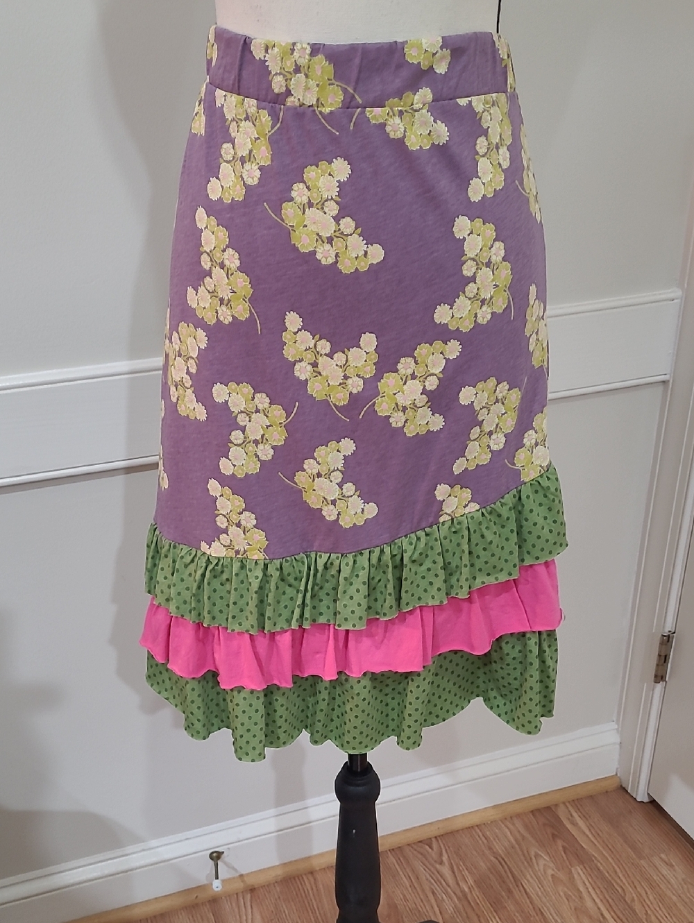 Flit & Flitter Purple Floral Tiered Ruffle Skirt with Green and Pink Accents